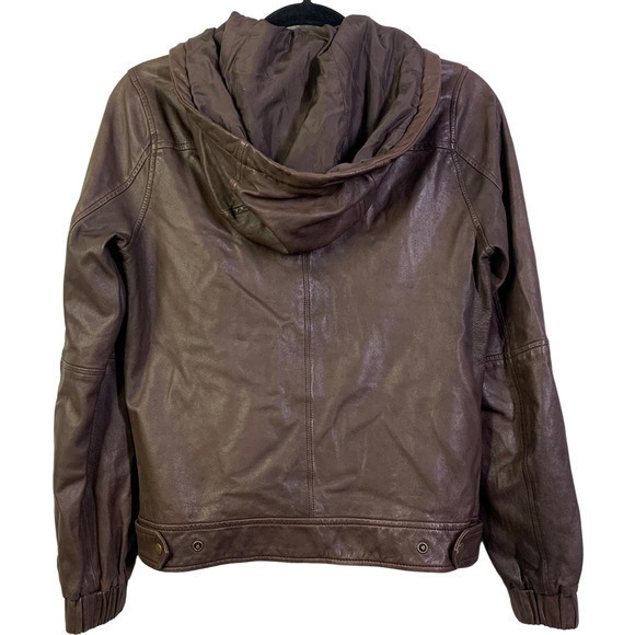 JOIE Brown Genuine Leather Hooded Bomber Jacket - Picture 6 of 11